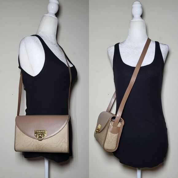Nina Ricci ParisVintage Leather Canvas Logo Crossbody Shoulder Bag